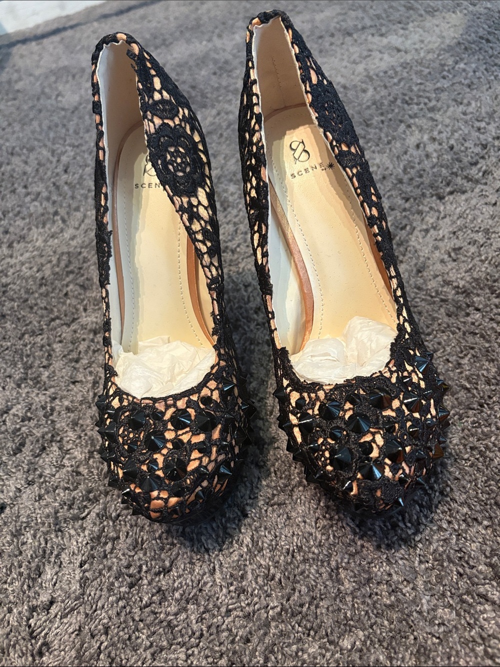 Y2K Scene Weaver Black Lace & Nude Mesh Embellished Peep-Toe Heels